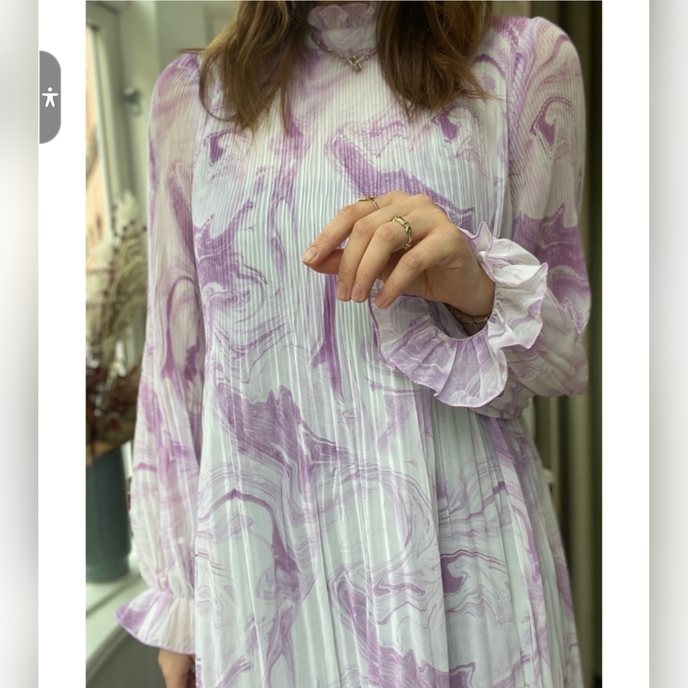 Ganni Purple and White Long Sleeve Mock Neck Dress, new with label